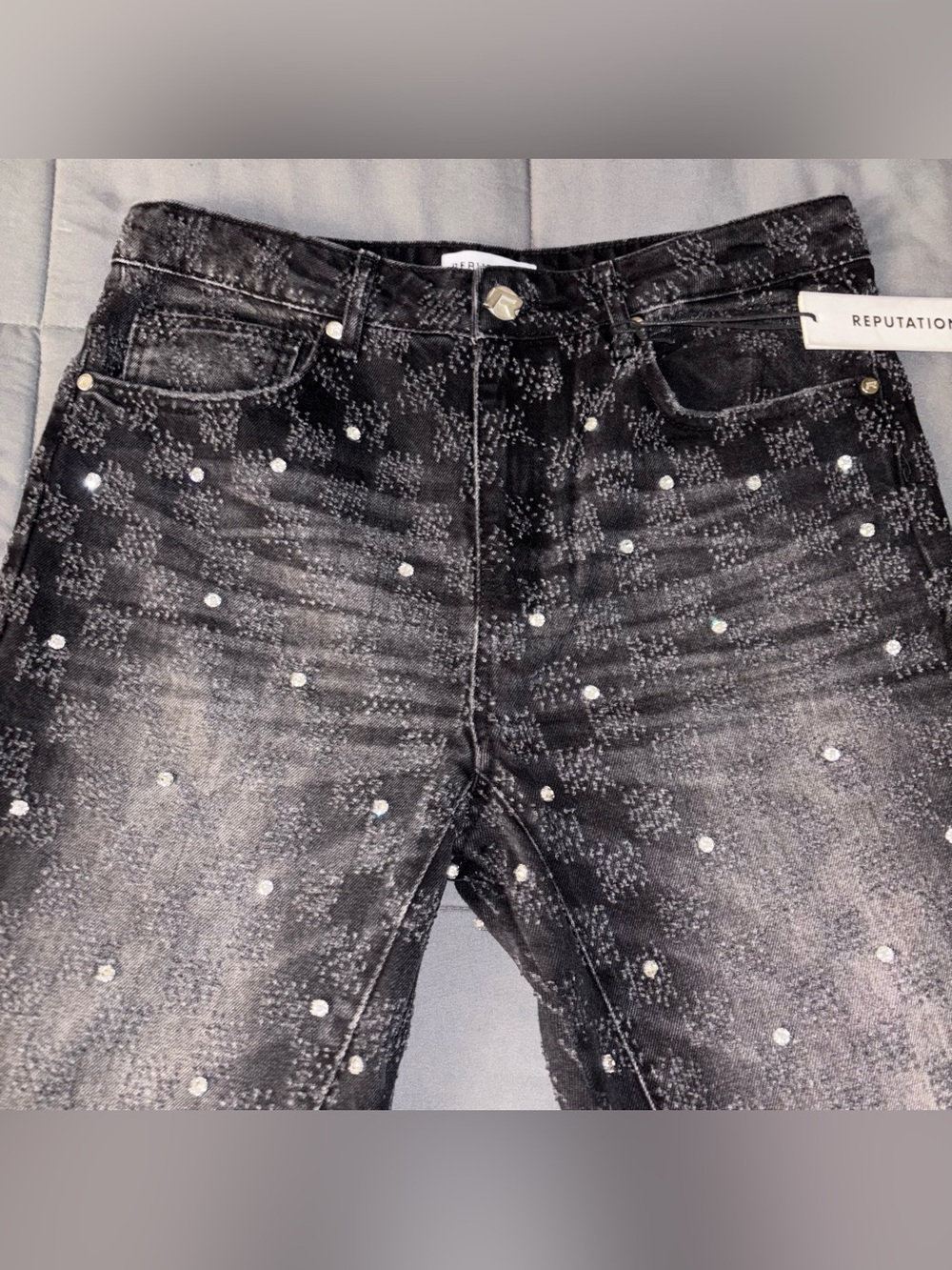 Reputation Studios Washed Black Rhinestone Flare Denim - Picture 3 of 10